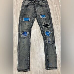 Denim City Distressed Gray and Blue Men's Jeans